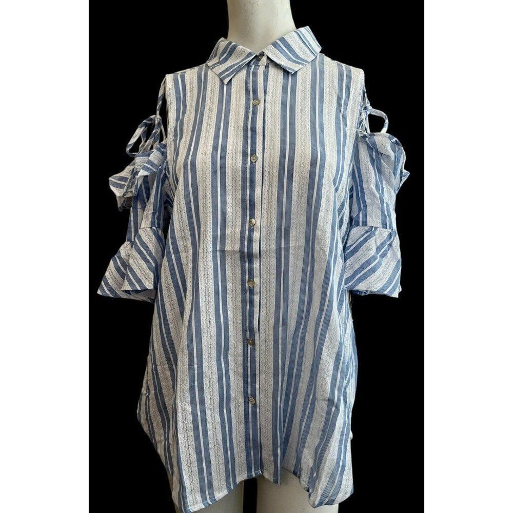 NWT Doe & Rae M Cold Shoulder Button Front Blouse Blue White Striped Ruffled NWT